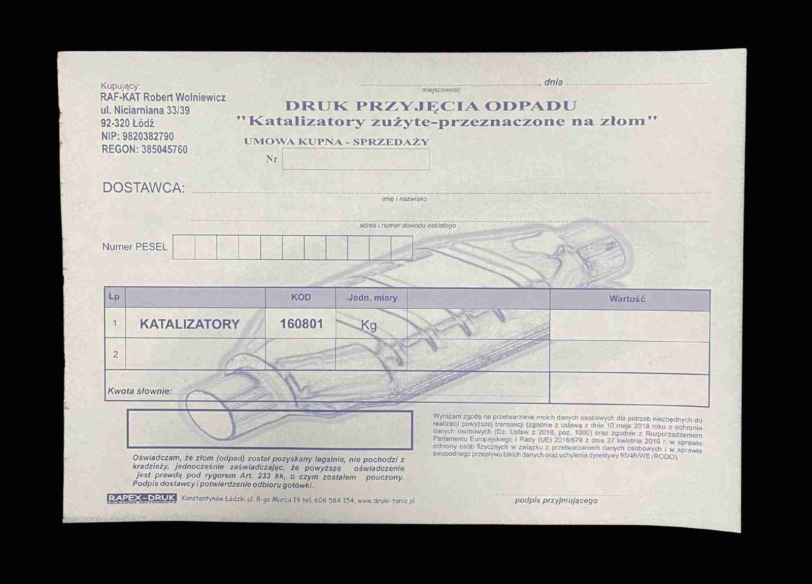 Dokumenty do sprzedaży katalizatora - legalny skup Raf-Kat Łódź